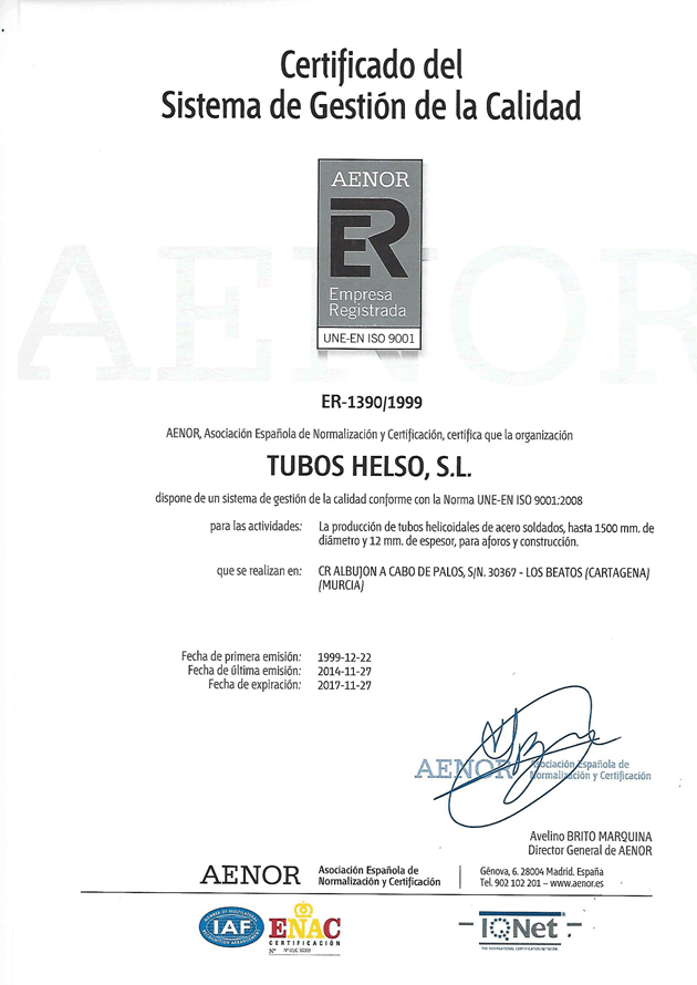 Certificado aenor Tubos Helso